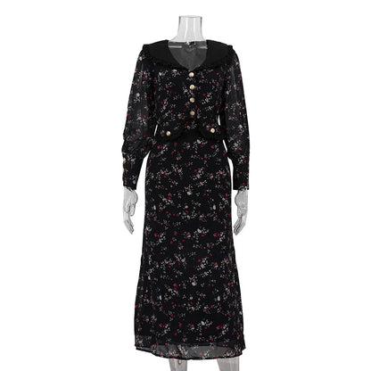 UNIKCOSA Women’s Black Floral Chiffon Dress – Peter Pan Collar Buttoned Long Sleeve Elegant Short Dress (Summer/Autumn 2025 Edition)