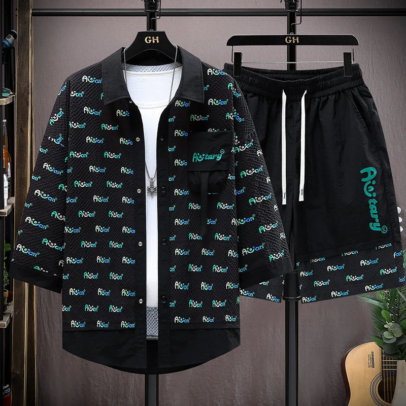 UNIKCOSA Men’s Ice Silk Summer Set – 2025 Casual Printed Short Sleeve Shirt & Matching Shorts (Cooling Edition, Made in China)