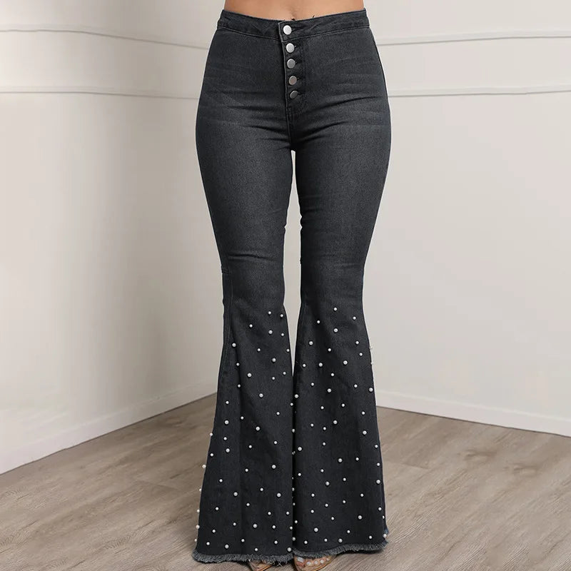 UNIKCOSA Women’s Beaded Bell-Bottom Jeans – Elastic High-Waist Wide-Leg Denim (Wholesale Edition)