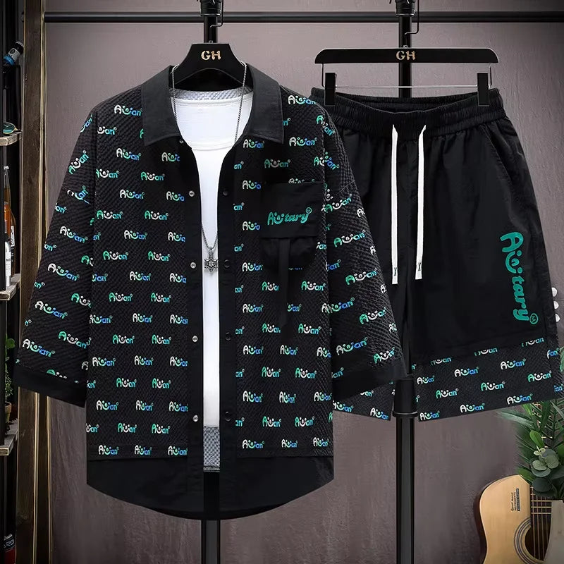 UNIKCOSA Men’s Ice Silk Summer Set – 2025 Casual Printed Short Sleeve Shirt & Matching Shorts (Cooling Edition, Made in China)
