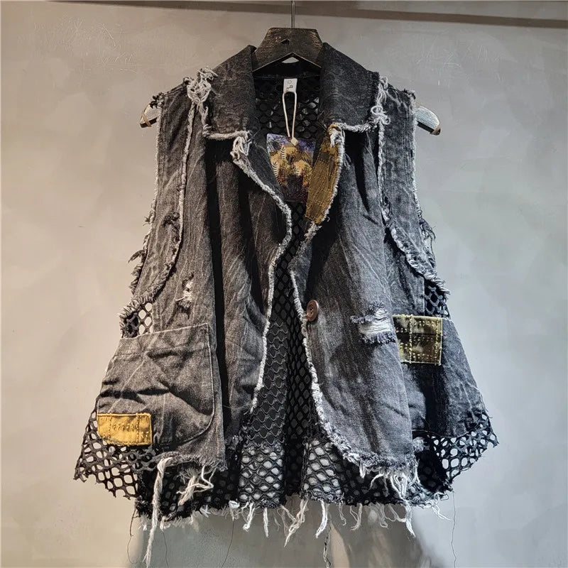 Women's Mesh Splicing Denim Vest with Waterproof Breathable Design