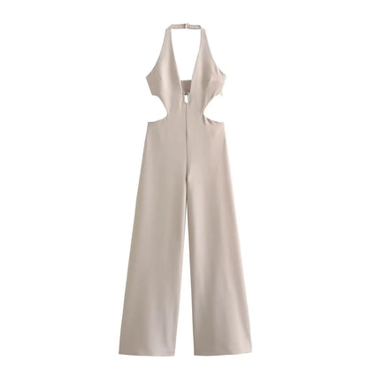 UNIKCOSA Women’s Beige Jumpsuit – Sexy Halter Backless Hollow-Out Sleeveless Slim Fit One-Piece
