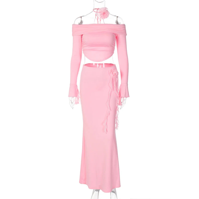 UNIKCOSA Women’s Ruffled 2-Piece Evening Set – Cropped Tube Top & Long Skirt Outfit (Elegant Party 2025 Edition)