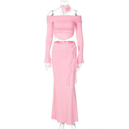 UNIKCOSA Women’s Ruffled 2-Piece Evening Set – Cropped Tube Top & Long Skirt Outfit (Elegant Party 2025 Edition)