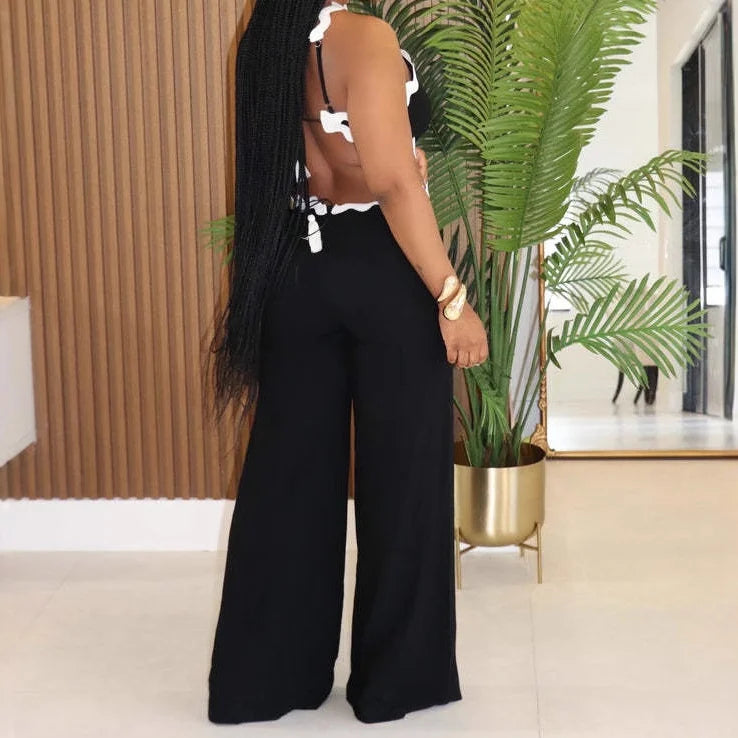 Wavy Striped Sleeveless Backless Wide-Leg Jumpsuit for Summer