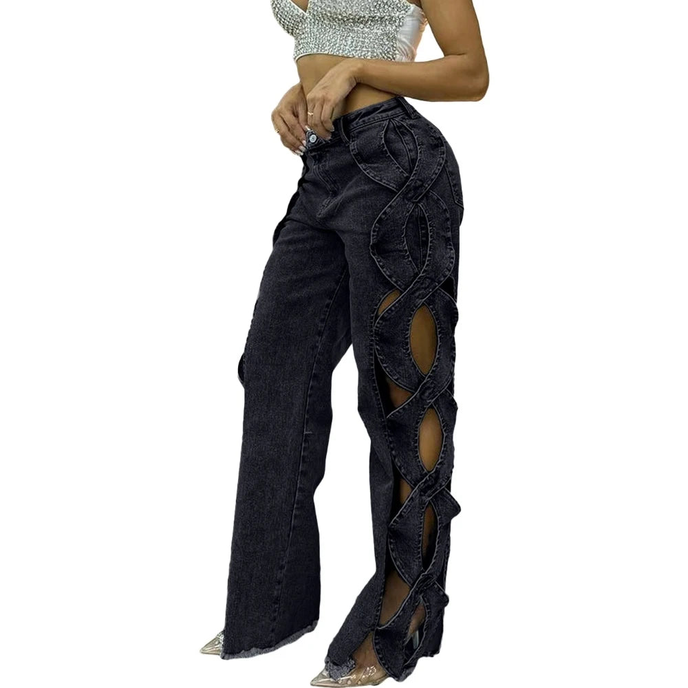 Women's Side Hollow S Line Denim Patchwork Pants