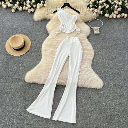 Summer Casual 2 Piece Set For Women One-shoulder Bandage Top And High Waist Set Jogging Suits Wholesale