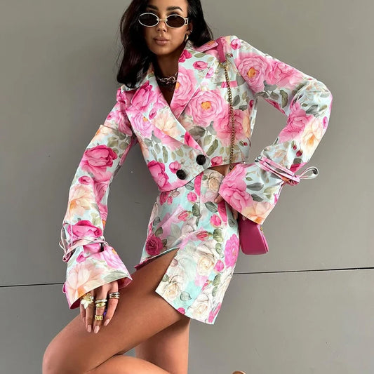UNIKCOSA Women’s Floral Print Coord Set – Long Sleeve Crop Blazer & Mini Skort 2-Piece Outfit (2025 Edition)