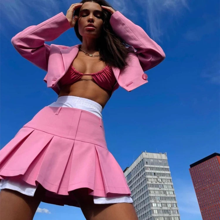UNIKCOSA Women’s Blazer & Skirt Set – High Street Two-Piece Office Outfit with Long Sleeve Blazer & High-Waist Pleated Mini Skirt (Pink/Blue Edition)