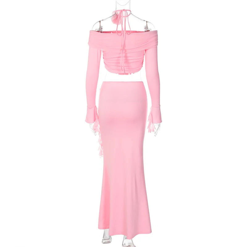 UNIKCOSA Women’s Ruffled 2-Piece Evening Set – Cropped Tube Top & Long Skirt Outfit (Elegant Party 2025 Edition)