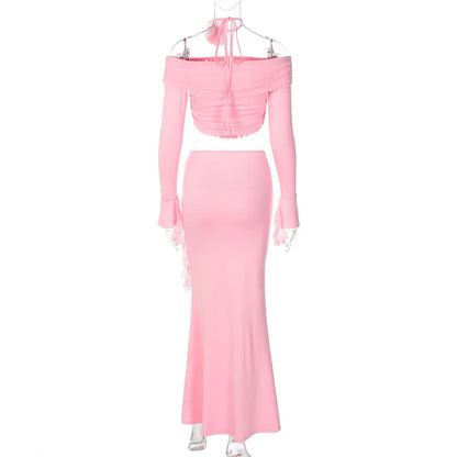 UNIKCOSA Women’s Ruffled 2-Piece Evening Set – Cropped Tube Top & Long Skirt Outfit (Elegant Party 2025 Edition)