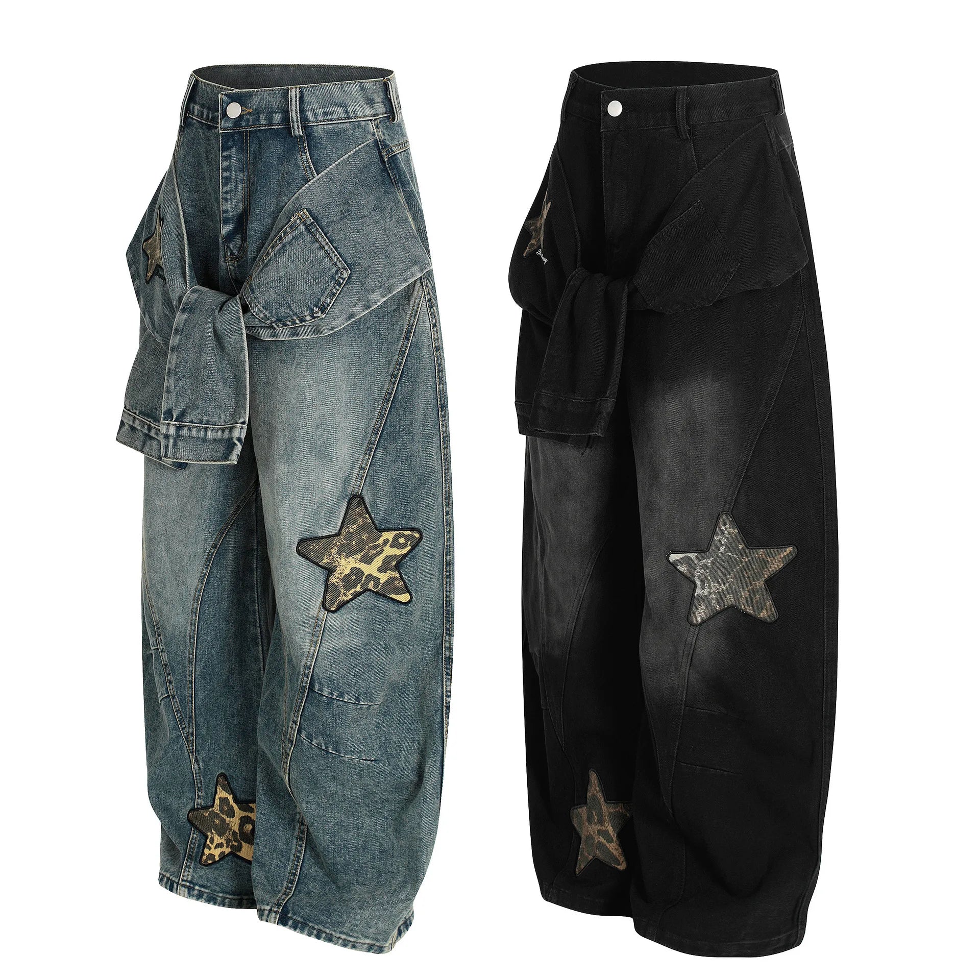 Women's American Retro Deconstructed Scimitar Embroidered Wide-Leg Denim Jeans