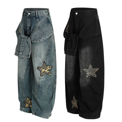 Women's American Retro Deconstructed Scimitar Embroidered Wide-Leg Denim Jeans