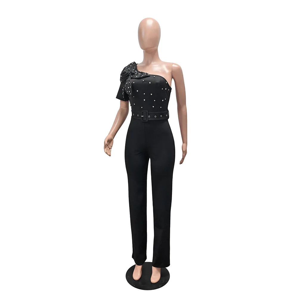 Elegant Rhinestone Slash Neck Short Sleeve Women’s Jumpsuit with Belt
