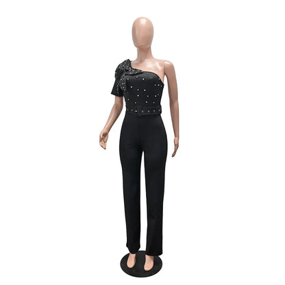 Elegant Rhinestone Slash Neck Short Sleeve Women’s Jumpsuit with Belt