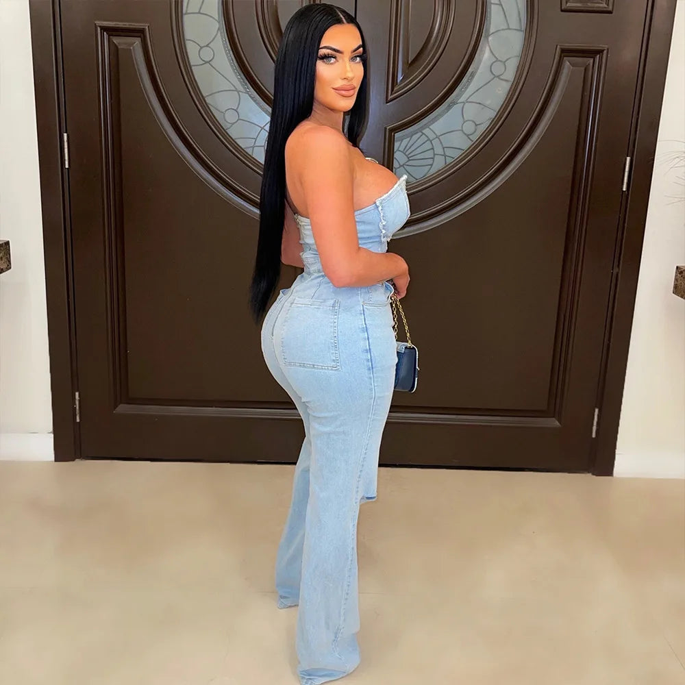 UNIKCOSA UrbanSoul Denim Cargo Jumpsuit Strapless Top 💫