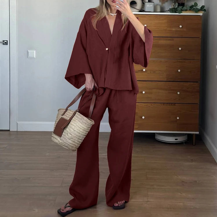 UNIKCOSA Women’s Wrap Blouse & Pants Set – Cotton Lace-Up Two-Piece Outfit (Summer/Fall 2025 Edition)