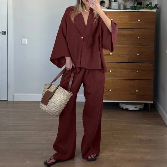 UNIKCOSA Women’s Wrap Blouse & Pants Set – Cotton Lace-Up Two-Piece Outfit (Summer/Fall 2025 Edition)
