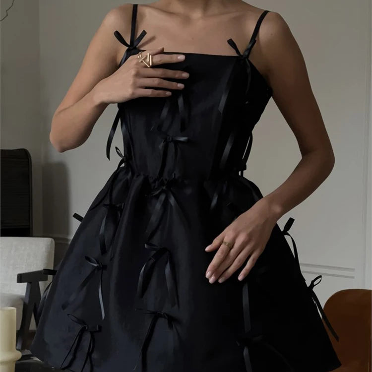 UNIKCOSA Women’s Black Satin Dress – Bow Strap Zip-Up Short Evening Party Outfit (Summer 2025 Edition)