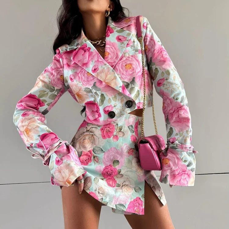 UNIKCOSA Women’s Floral Print Coord Set – Long Sleeve Crop Blazer & Mini Skort 2-Piece Outfit (2025 Edition)