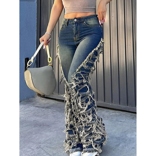 UNIKCOSA Women’s Tassel Denim Pants – High-Waist Hollow-Out Y2K Streetwear Jeans (Summer/Autumn 2025 Edition)