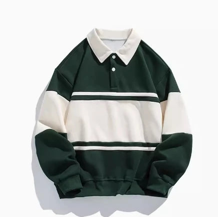 Hip Hop Striped Heavyweight Cotton Polo Sweatshirt for Men