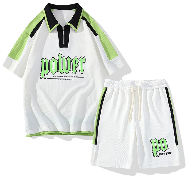 UNIKCOSA Men’s Summer Two-Piece Set – Casual Lapel Short-Sleeve T-Shirt & Matching Shorts (Youth Sports Edition)