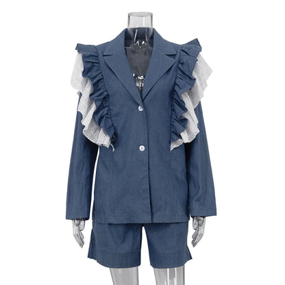 UNIKCOSA Women’s Denim Suit Set – Ruffled Blazer & Shorts 2-Piece Streetwear Outfit (2024 Urban Fashion Edition)