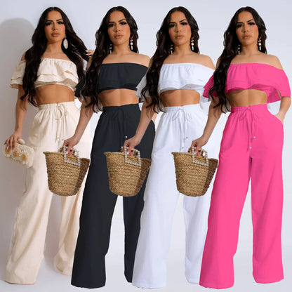 UNIKCOSA Women’s Ruffled Trousers Set – Two-Piece Casual Outfit with Top & Pants (Plus Size Available 2025 Edition)