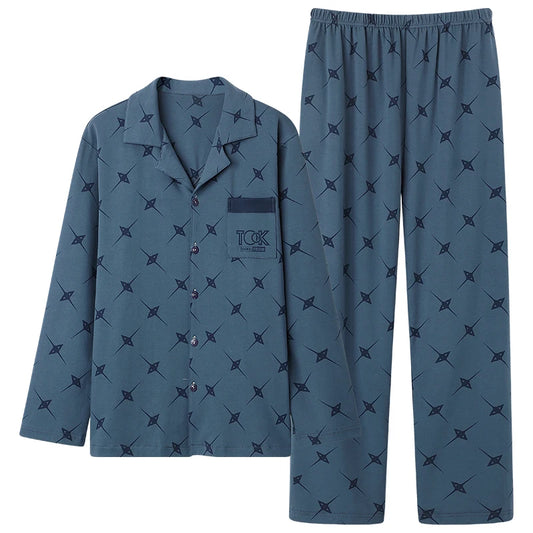 UNIKCOSA Men’s Cotton Night Suit – 100% Cotton Lapel Cardigan Top & Trousers Pajama Set (Spring/Fall Plus Size Sleepwear)