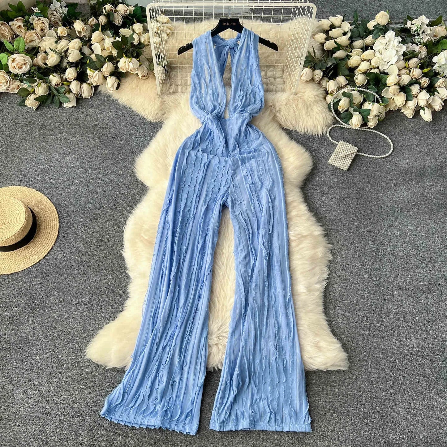 UNIKCOSA Women’s Halter Jumpsuit – Deep V-Neck Backless High-Waist Long Pants (Vacation Chic Edition)