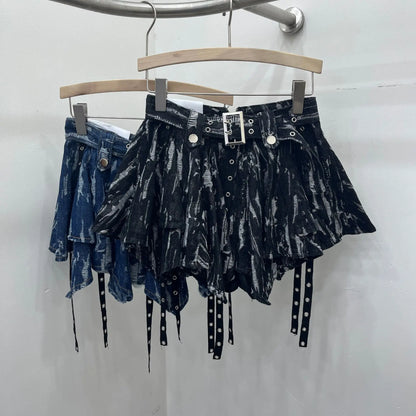 Women's Denim Flutter Belt Irregular Pleated Short Skirt