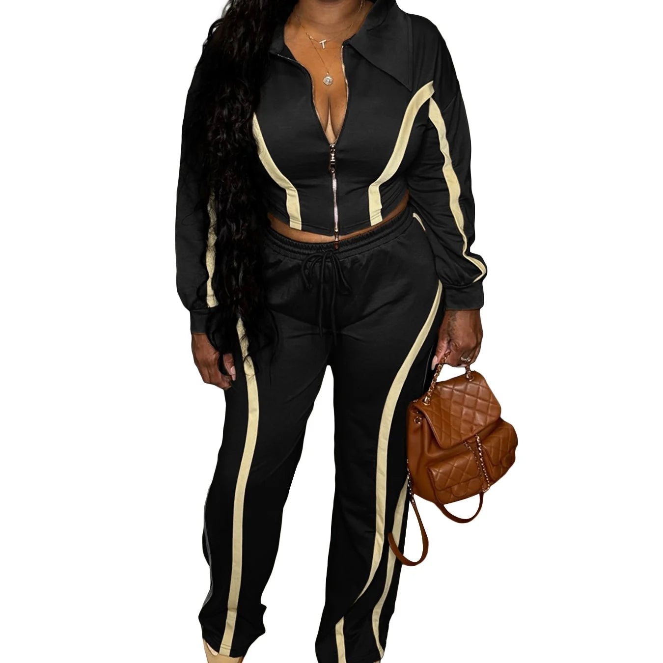 Women's Striped Patchwork Contrast Color Zipper Collar Top & Wide-Leg Pants 2-Piece Set