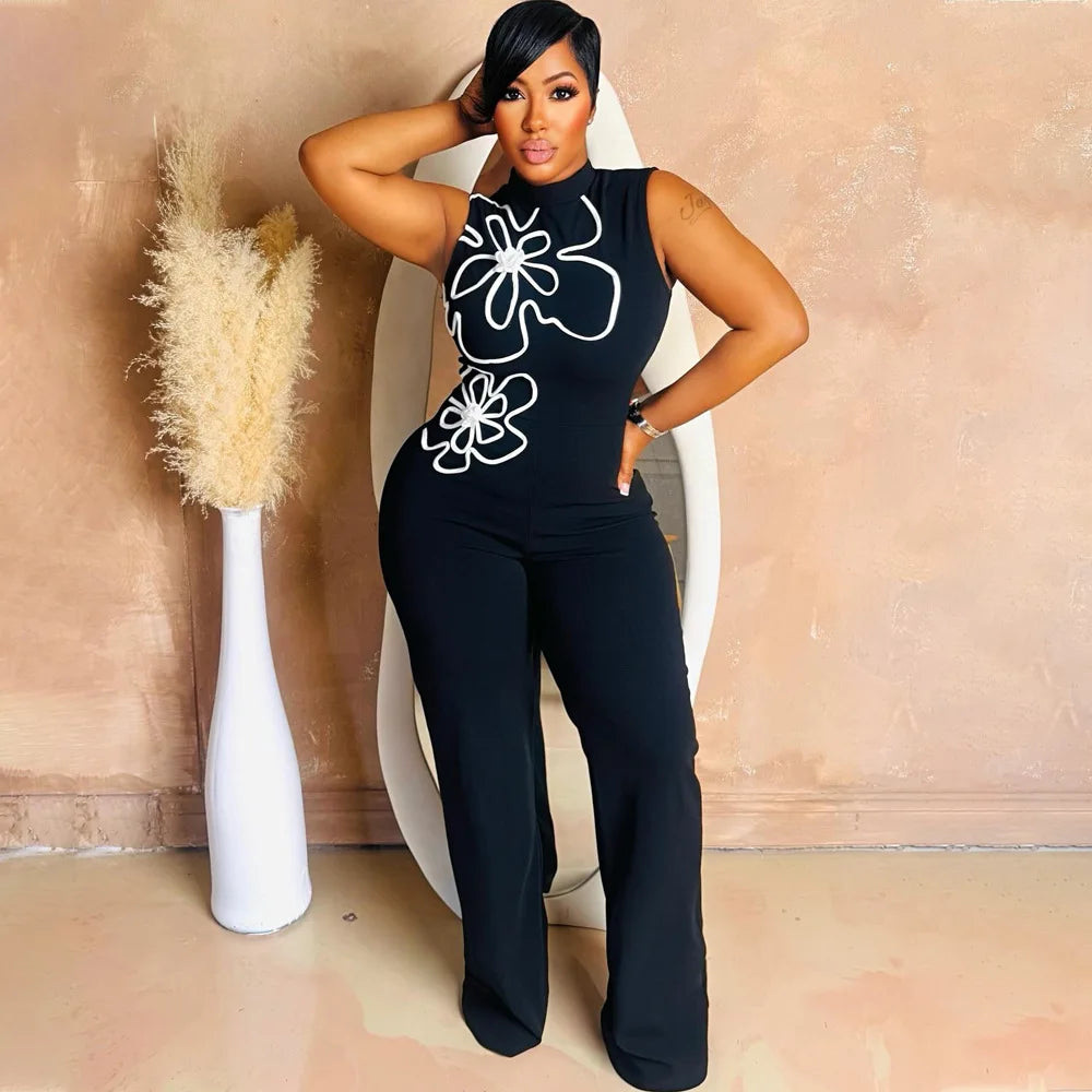 Fashion 2025 Sleeveless Turtleneck Printed Boutique Women’s Jumpsuit