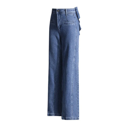 UNIKCOSA Women’s Vintage Patchwork Jeans – High-Waist Straight-Leg Denim with Bowknot & Spliced Pocket Detail