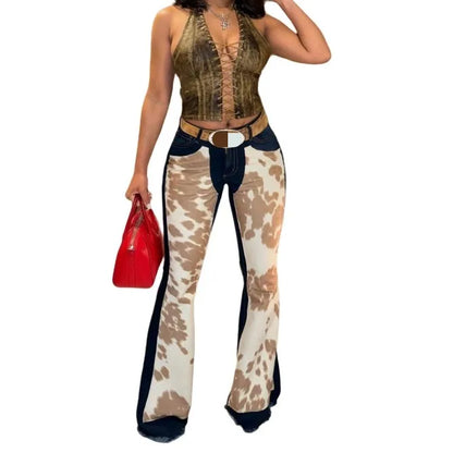 Hot Stretch Flare Denim Pants for Women – High‑Waist Printed Trousers