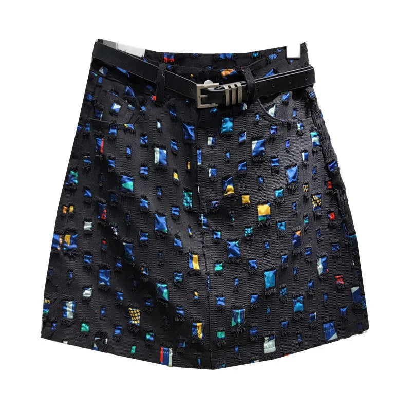 Slim A-line Burnout Color Block Denim Women's Skirt