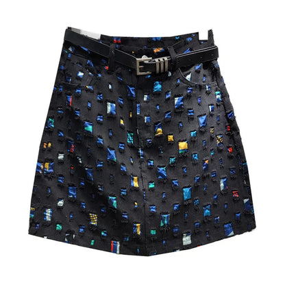 Slim A-line Burnout Color Block Denim Women's Skirt