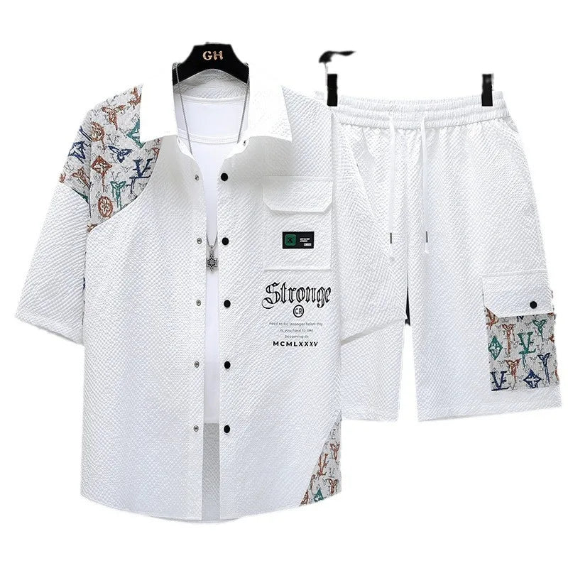 UNIKCOSA Men’s Ice Silk Summer Set – 2025 Casual Printed Short Sleeve Shirt & Matching Shorts (Cooling Edition, Made in China)