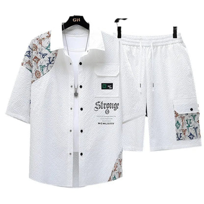 UNIKCOSA Men’s Ice Silk Summer Set – 2025 Casual Printed Short Sleeve Shirt & Matching Shorts (Cooling Edition, Made in China)