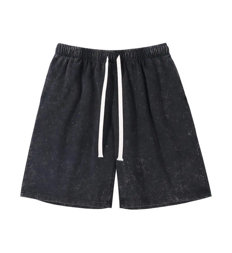 Premium 100% Cotton Snow-Washed Casual Shorts with Drawstring Pockets