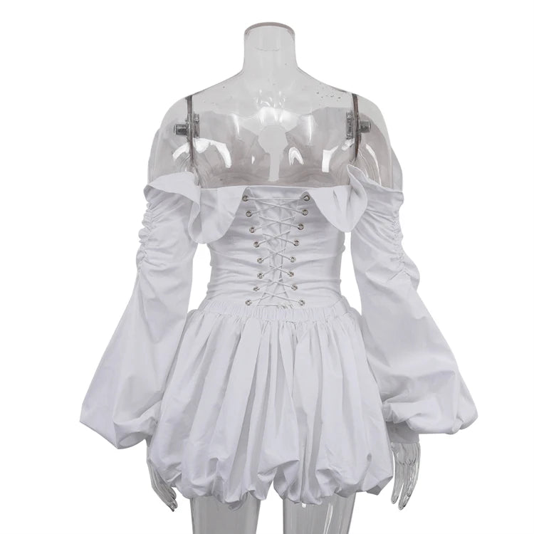 UNIKCOSA Women’s White Corset Skirt Set – Cotton Bandage Long Sleeve Top & Mini Skirt Outfit (Chic Fashion 2025 Edition)