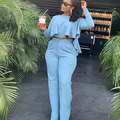 UNIKCOSA’s Elegant Ruffle 2-Piece Set — Crop Top + Wide-Leg Pants Fall Outfit