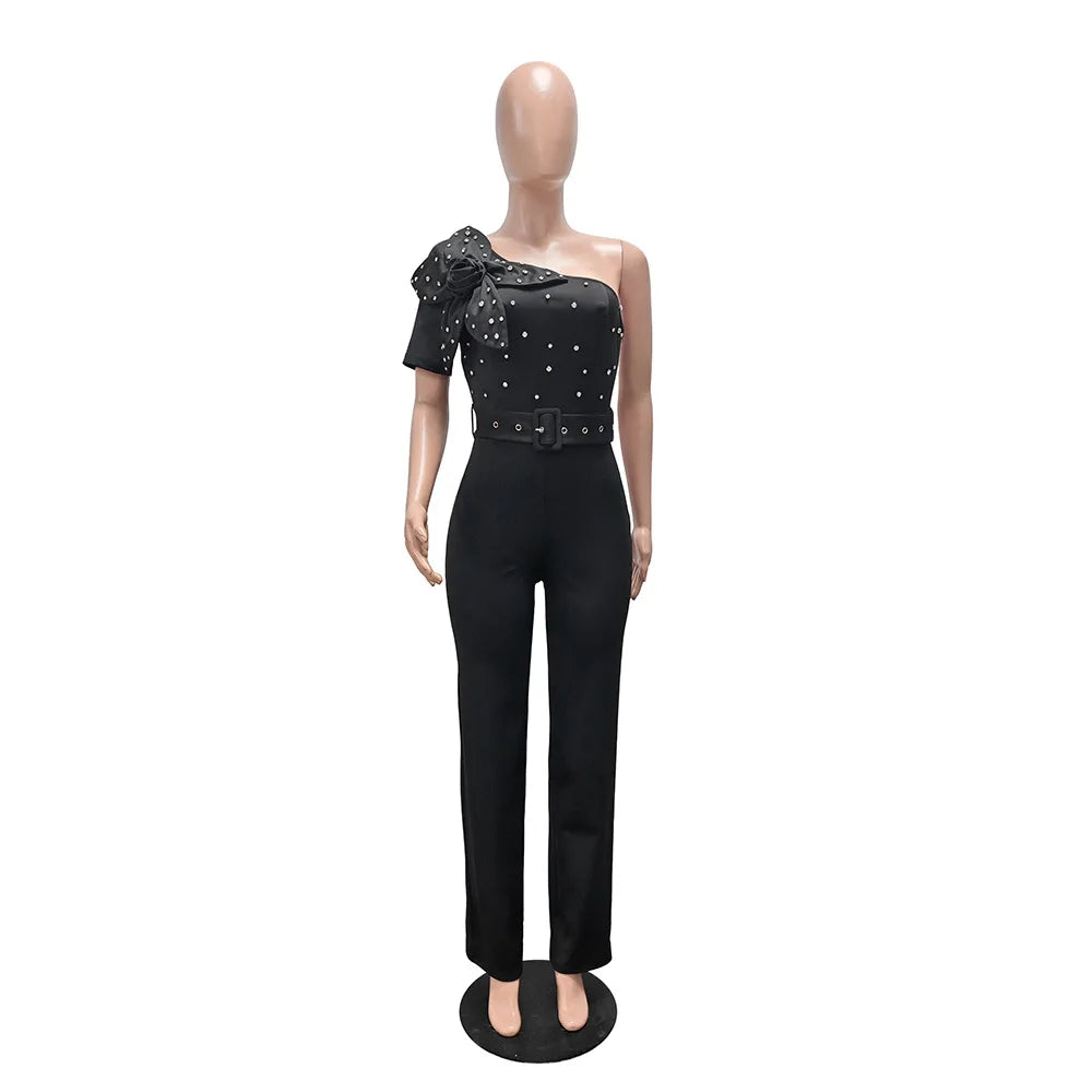 Elegant Rhinestone Slash Neck Short Sleeve Women’s Jumpsuit with Belt