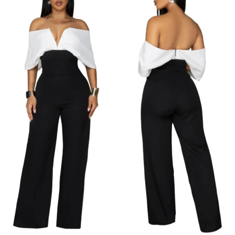 Backless Black & White Wide-Leg V-Neck Jumpsuit – Trendy Summer Style