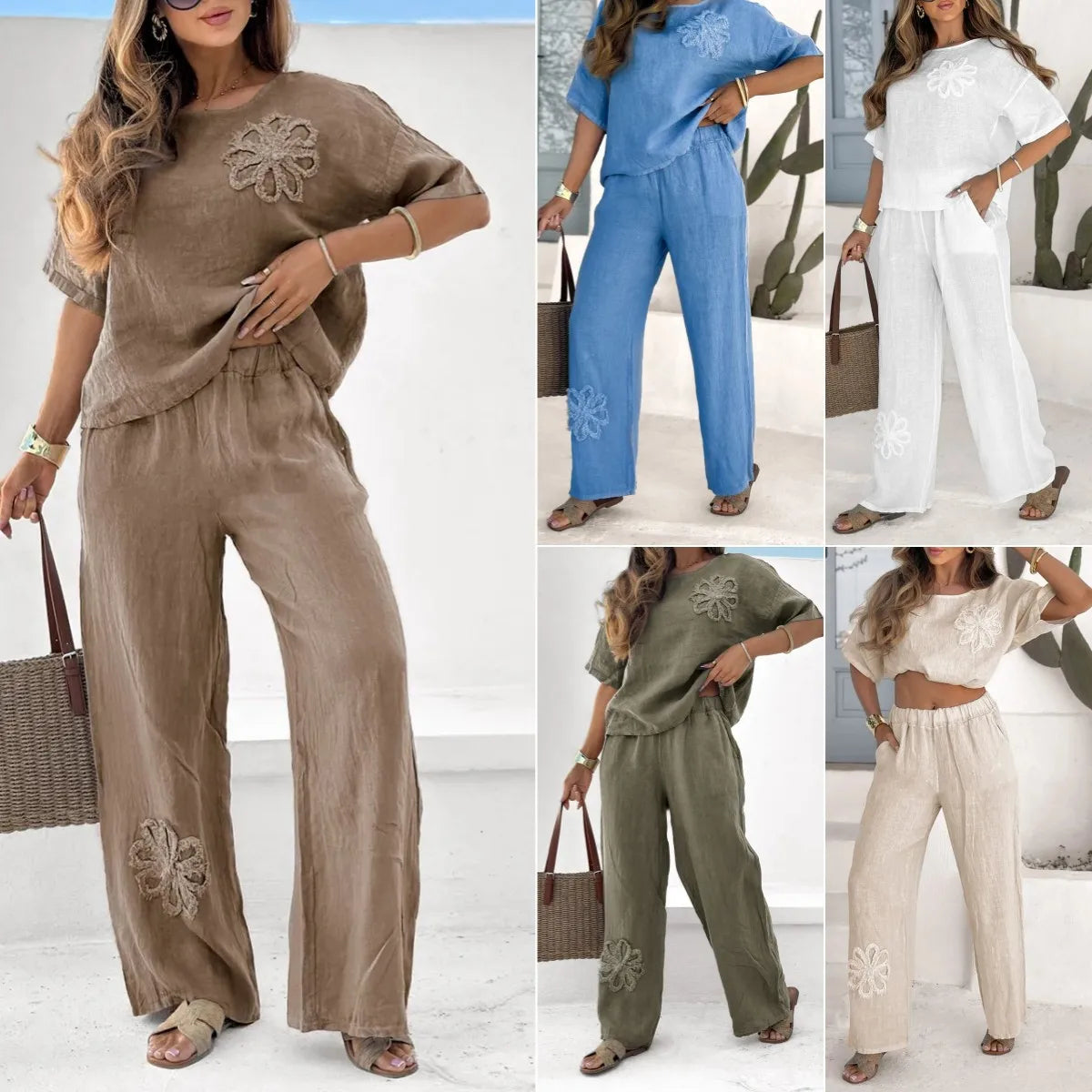 Plus Size Embroidered Casual Top and Loose-Fit Pants Set