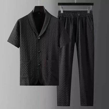UNIKCOSA Men’s Printed Two-Piece Set – Short Sleeve Shirt & Pants with Solid Geometry Pattern (Spring/Summer 2024 Edition)