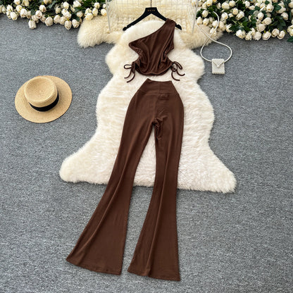 Summer Casual 2 Piece Set For Women One-shoulder Bandage Top And High Waist Set Jogging Suits Wholesale