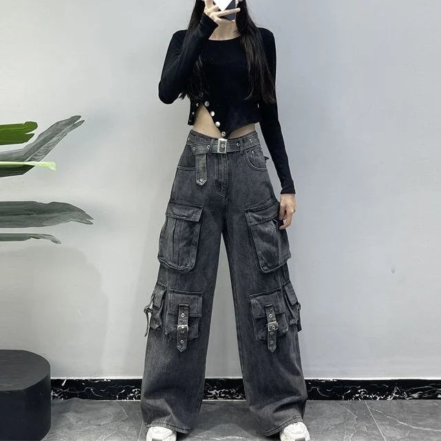 Multi-Pocket Black Women's Workwear High-Waisted Loose Denim Jeans