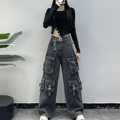 Multi-Pocket Black Women's Workwear High-Waisted Loose Denim Jeans